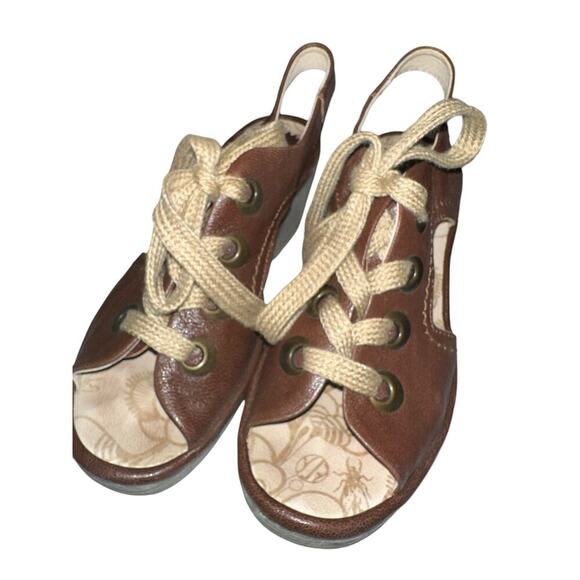 Fly London Brown Leather Lace-Up Peep Toe Wedge Sandals Size 9 - Picture 3 of 9